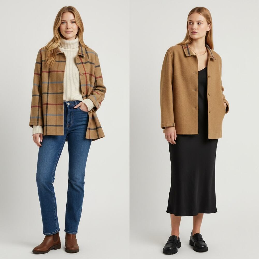 Pendleton The Check Virgin Wool Reversible Jacket Women's Sz XL Tan Button Up